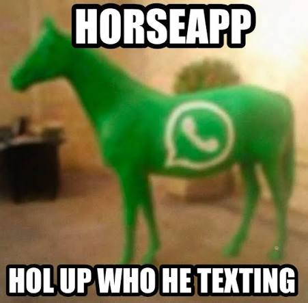The green horse with Impact captions: HORSEAPP, hol up who he texting