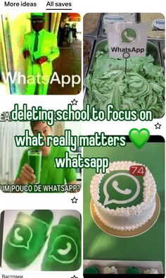 A Pinterest collage with a Cyrillic pin title: a man in a green suit, a tray of green lettuce labelled WhatsApp, a WhatsApp cake, WhatsApp slippers, caption deleting school to focus on what really matters, whatsapp