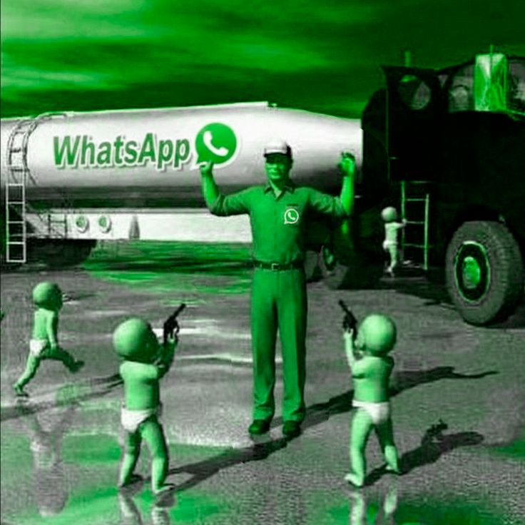 A green-tinted CGI scene: a man in a green uniform raising his arms in front of a WhatsApp fuel tanker while babies with pistols surround him