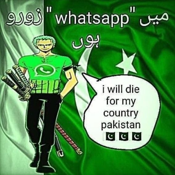 Roronoa Zoro in a WhatsApp shirt over a Pakistan flag, Urdu text reading I am WhatsApp Zoro, speech bubble: i will die for my country pakistan